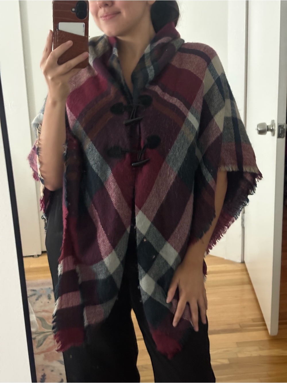 Francesca's Collections Burgundy Plaid Toggle Poncho